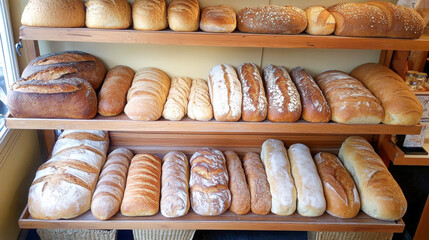 Bakery display case showcases an array of freshly baked bread loaves in a charming shop setting during daylight
