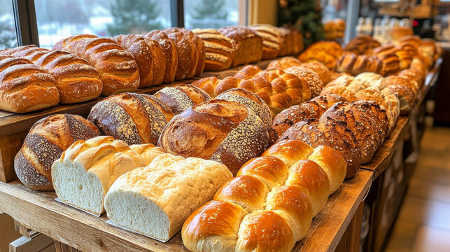 Bakery display case showcases an array of freshly baked bread loaves in a charming shop setting during daylight