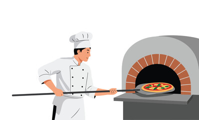 illustration of a chef shovelling pizza into the oven, isolated on white background