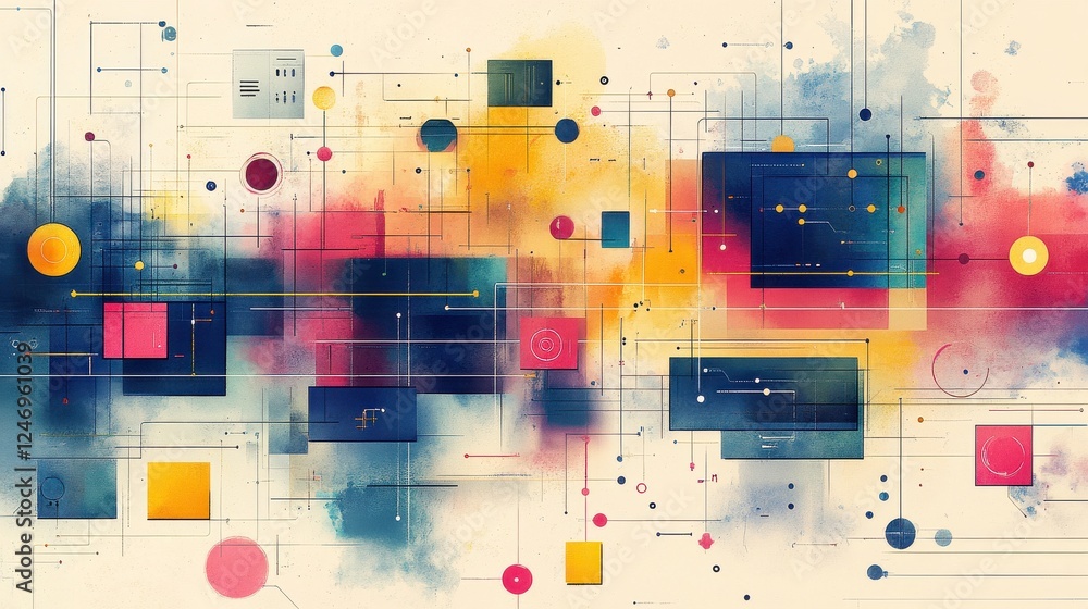 Poster an abstract composition featuring vibrant colors, geometric shapes, and dynamic patterns, creating a