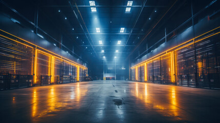 Fototapeta premium Modern industrial warehouse showcases spacious design with floor-to-ceiling windows and organized yellow pallet racks during midday operations
