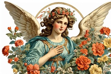 Vintage retro antique angel portrait illustration with colorful botanical flowers on isolated white background, people, culture and religion theme concept texture design.
