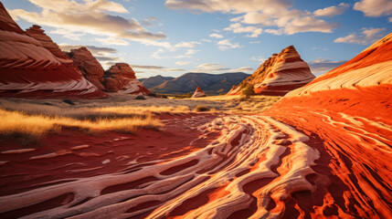 Vast desert landscape showcasing colorful rock formations and dramatic clouds at sunset