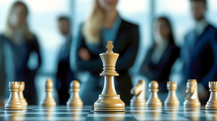 Businessmen engaged in strategic discussions around a chessboard in a modern corporate setting