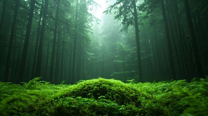 Fototapeta premium Lush Green Forest with Fog and Mossy Ground
