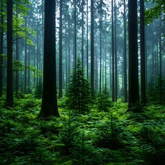 Fototapeta premium Lush Green Forest with Fog and Tall Trees