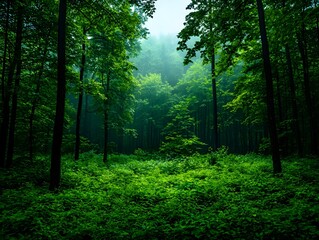 Obraz premium Lush Green Forest With Morning Mist
