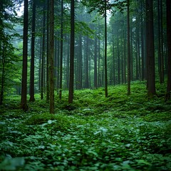 Fototapeta premium Lush Green Forest with Sunlight