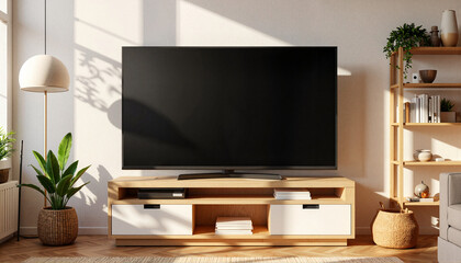 Stylish 3D television in cozy office corner, innovative atmosphere