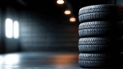 Stack of automobile tires on dark background