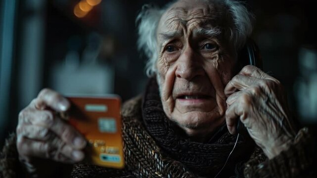 Danger from scammers Elderly person holding a credit card and talking on the phone