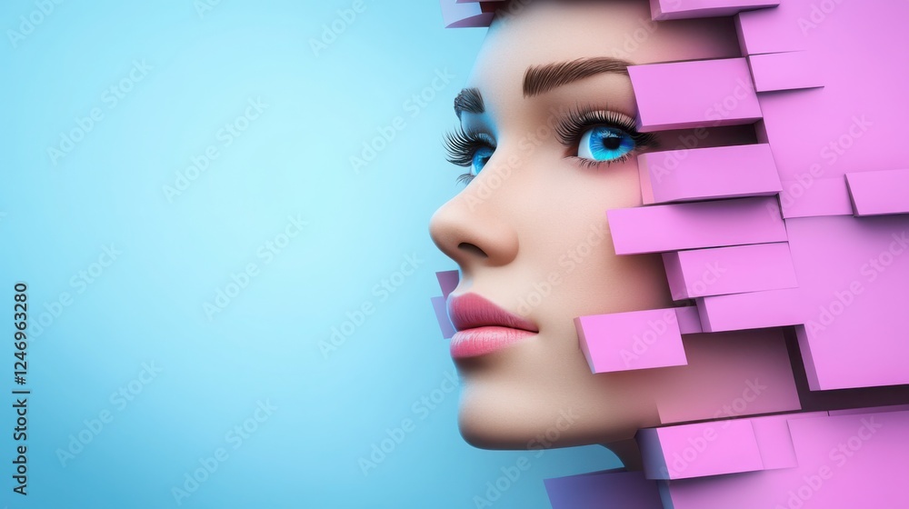 Poster a surreal digital artwork featuring a fragmented human face with pieces dissolving into glowing data