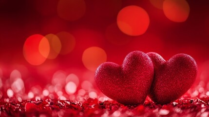 Obraz premium Two glittery red hearts on a vibrant red background with bokeh lights for a romantic and festive valentine image : Generative AI