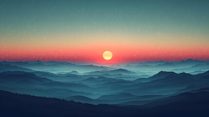 Fototapeta premium Serene Sunset Over Mountains: A Tranquil Twilight Landscape with Atmospheric Clouds, Panoramic Vista, and Fading Color Hues for Stunning Outdoor Photography