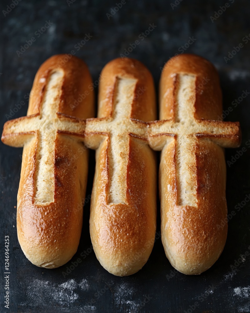 Poster three freshly baked cross buns arranged on a dark surface with a warm and rustic feel