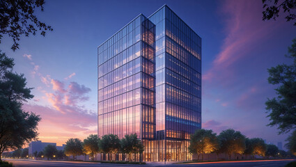 Modern glass skyscraper standing tall at sunset in urban city center