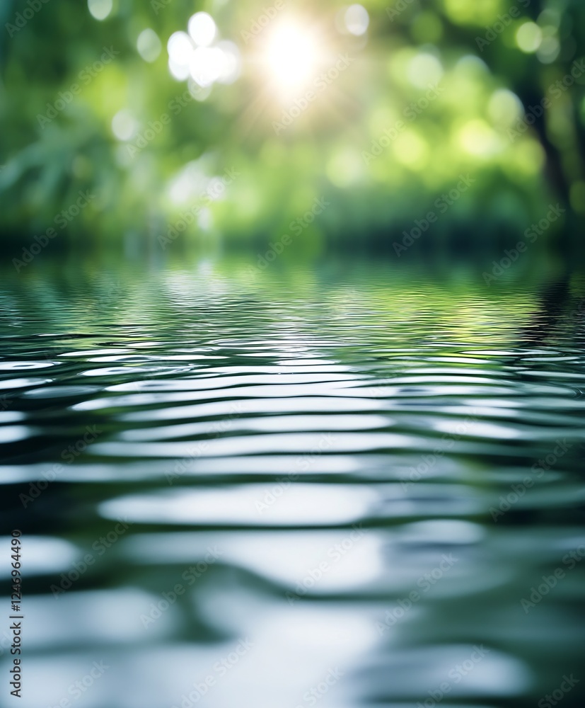 Poster serene waterfront reflection with sunlight and greenery ideal for nature background : generative ai