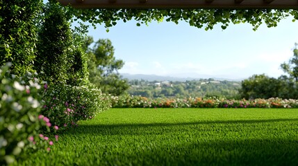 Fototapeta premium Lush Green Garden with Hillside View