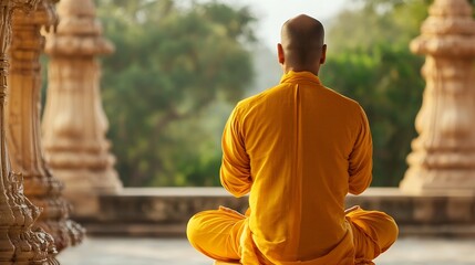 Back View of Monk Meditating in Peaceful Temple Surrounded by Nature : Generative AI