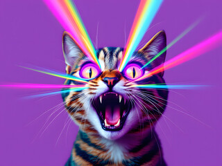 Psychedelic Feline Fury Cat with opened mouth