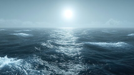 Fototapeta premium Ocean sunrise, ship wake, hazy sky, travel