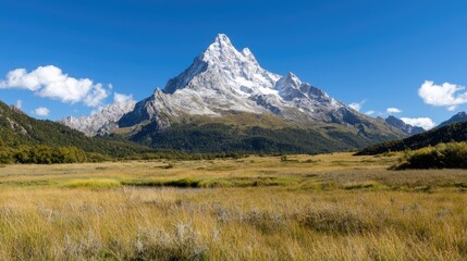 Fototapeta premium Majestic snow-capped peak, valley, autumn. Landscapes