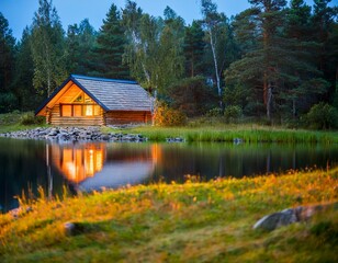 Obraz premium Cabaña de madera y piedra a orillas del lago en un pintoresco. paisaje rural con flores de hierba verde, hermoso lugar natural