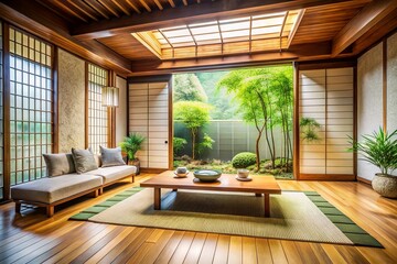 Serene Asian Zen Interior: Minimalist Room with Tranquil Wallpaper