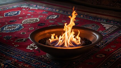 Fire Bowl on Persian Rugs, Traditional Setup, Chaharshanbe Suri Festival, Persian Fire-Jumping Tradition

