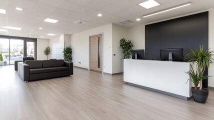 Modern office reception area, waiting room, sleek design