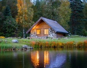 Cabaña de madera y piedra a orillas del lago en un pintoresco. paisaje rural con flores de hierba verde, hermoso lugar natural