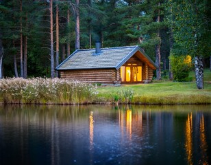 Obraz premium Cabaña de madera y piedra a orillas del lago en un pintoresco. paisaje rural con flores de hierba verde, hermoso lugar natural