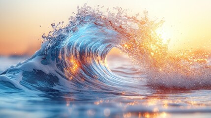 Ocean sunrise wave crashing, golden light