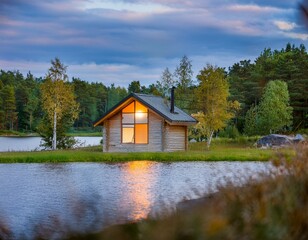 Fototapeta premium Cabaña de madera y piedra a orillas del lago en un pintoresco. paisaje rural con flores de hierba verde, hermoso lugar natural