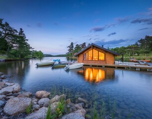 Obraz premium Cabaña de madera y piedra a orillas del lago en un pintoresco. paisaje rural con flores de hierba verde, hermoso lugar natural