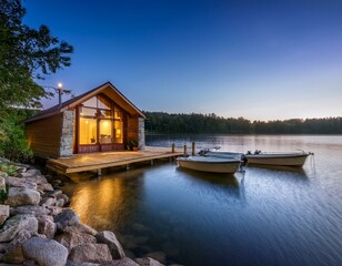 Fototapeta premium Cabaña de madera y piedra a orillas del lago en un pintoresco. paisaje rural con flores de hierba verde, hermoso lugar natural