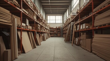 Industrial Warehouse Interior with Wooden and Cardboard Products