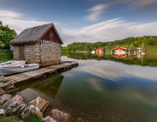 Obraz premium Cabaña de madera y piedra a orillas del lago en un pintoresco. paisaje rural con flores de hierba verde, hermoso lugar natural