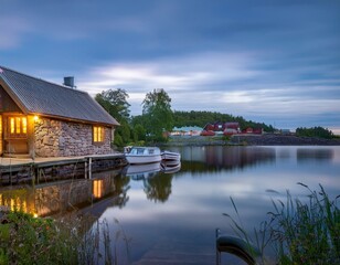 Obraz premium Cabaña de madera y piedra a orillas del lago en un pintoresco. paisaje rural con flores de hierba verde, hermoso lugar natural