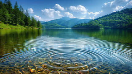 Crystal clear water in tranquil mountain lake reflects serene nature, surrounded by lush greenery and majestic mountains