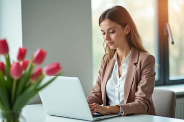 young businesswoman working on laptop tulips