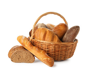 Different freshly baked bread loafs in wicker basket isolated on white