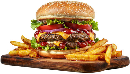 Juicy Burger With French Fries On Wooden Cutting Board,  isolated on transparent background