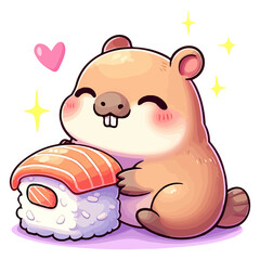 Cartoon illustration of cute beaver character holding a sushi roll with salmon. Adorable playful design suitable for for children's design or food themed. 