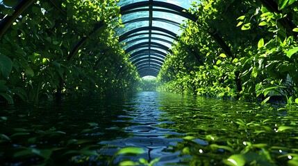Fototapeta premium Lush Green Greenhouse Tunnel With Water Reflection