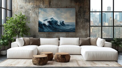 Ocean wave art in loft apartment