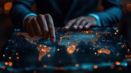 A hand points at a glowing world map, symbolizing connectivity, technology, and global awareness.