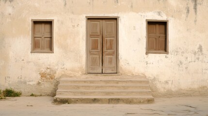 Old building exterior, weathered door, steps, windows, sunny day, architectural detail, historical site, stock photo