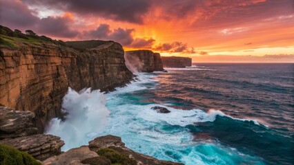 Fototapeta premium Dramatic cliffs rise above a deep blue ocean, with waves crashing onto rocky shores below, and a vibrant sunset casting a fiery glow over the horizon