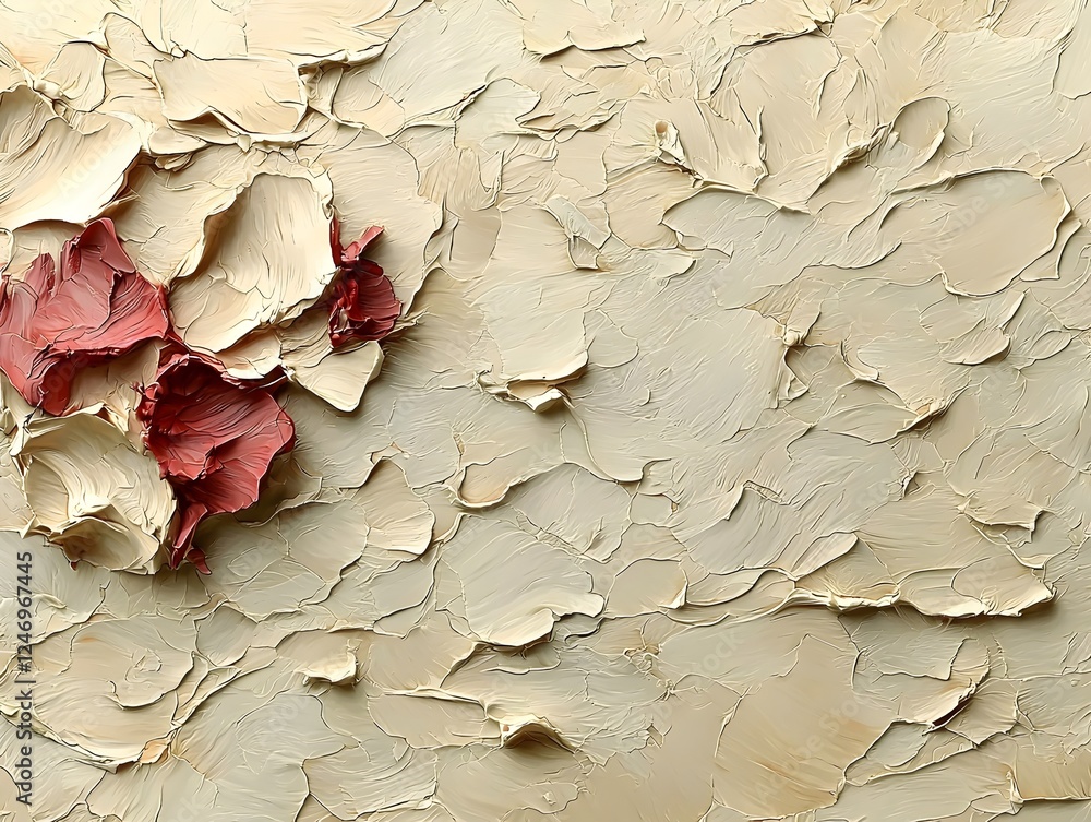 Poster an abstract composition featuring textured, creamy beige layers with delicate strokes of red petals,